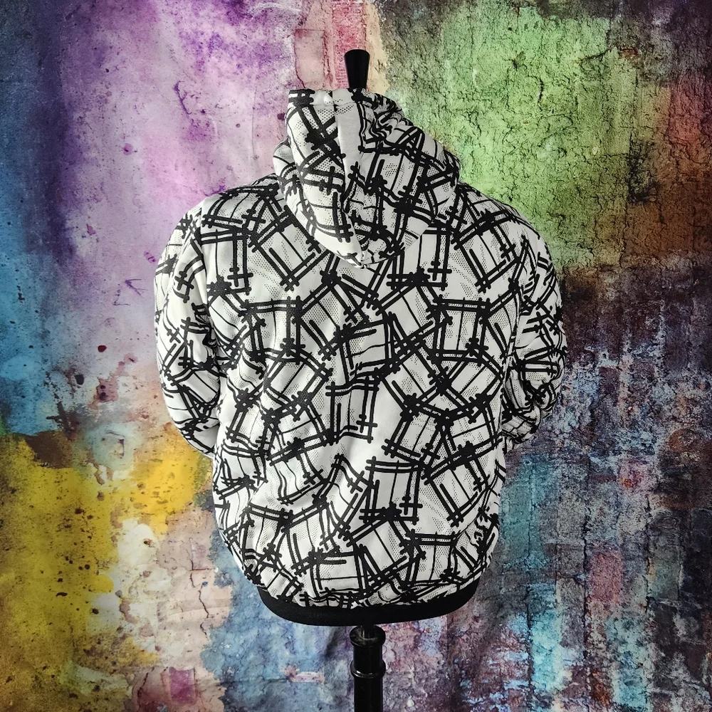 Medium Black and White Geometric Full Zip Lined Hoodie